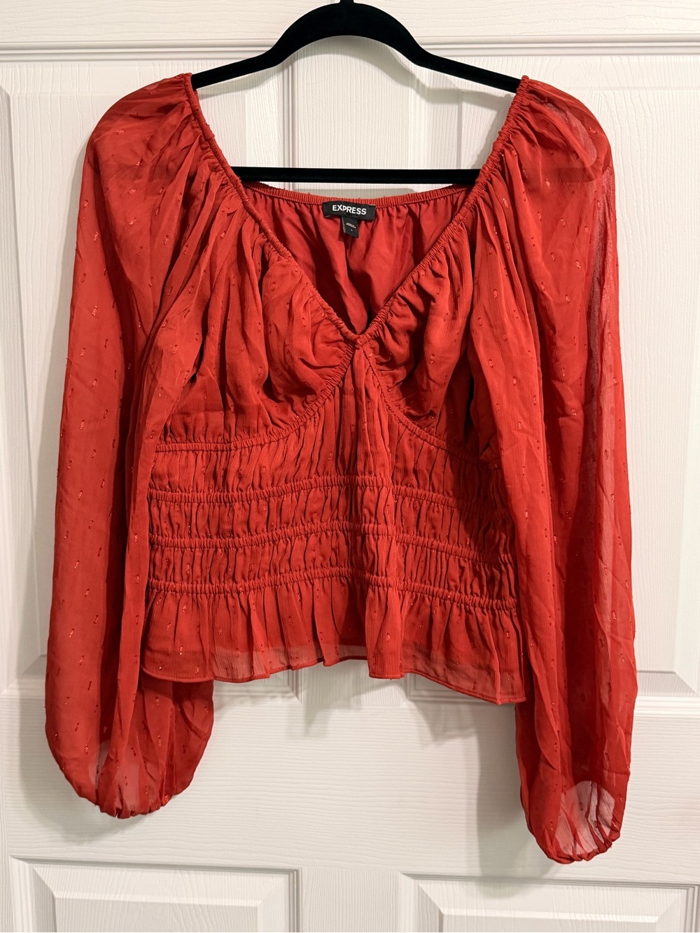 Express Red Puff Sleeve Smocked Waist Blouse